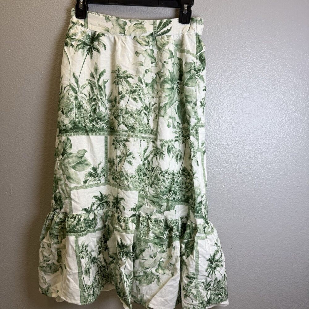 Rachel Zoe Linen Blend Skirt Green Size Small Coastal Living Garden Print Palms - Picture 2 of 8